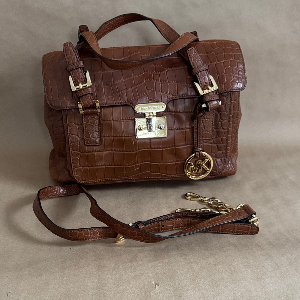 Michael Kors Astrid Brown Crocodile Embossed Leather Satchel Crossbody Handbag